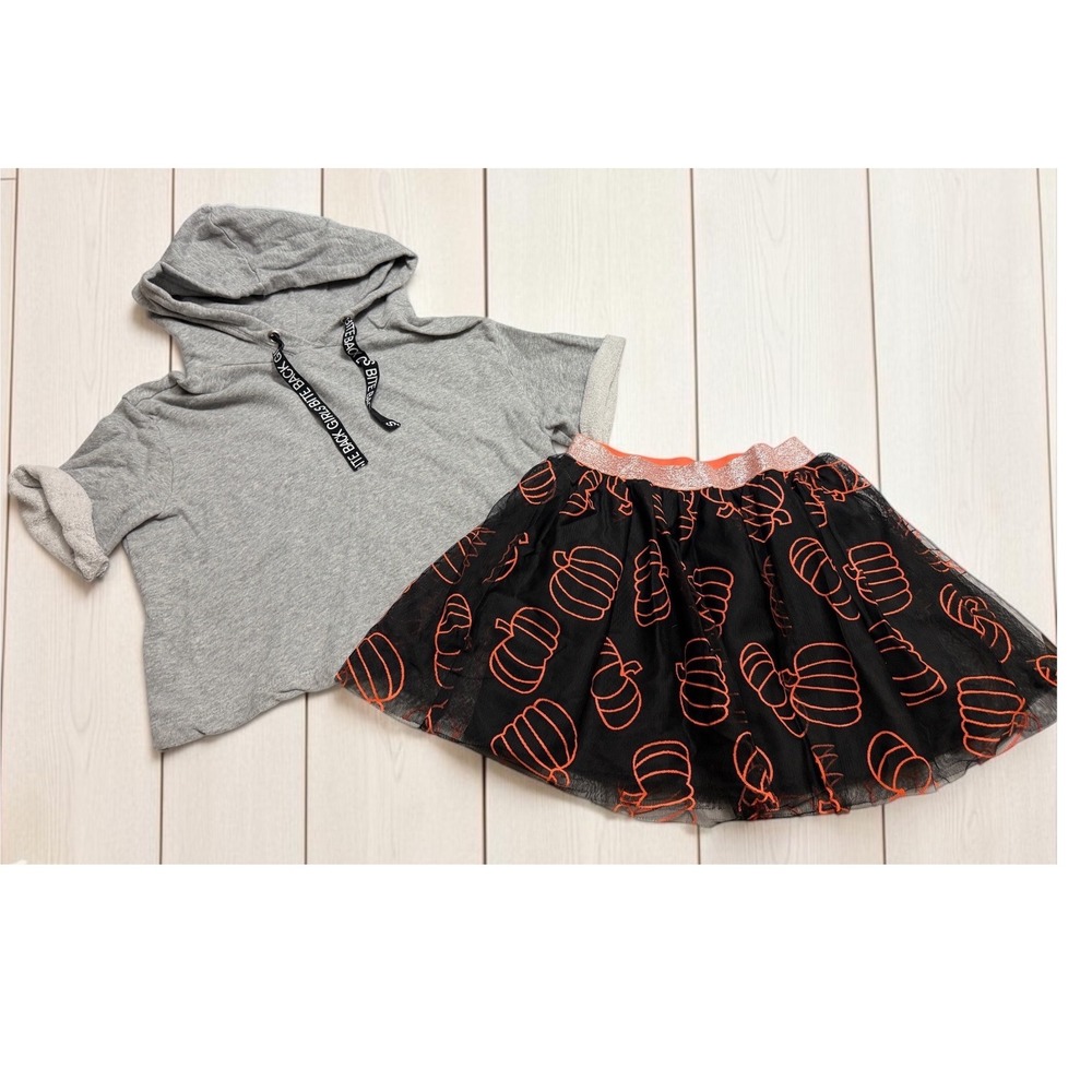 HM Divided Grey Hoodie Cat & Jack Pumpkin Tutu Skirt Set Girls S 6/6X Halloween